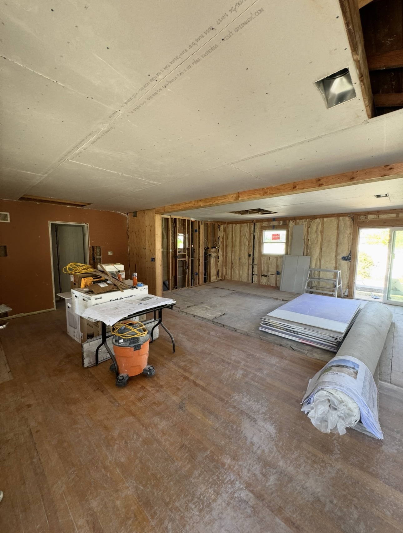 Interior opened down to the studs for a five-by-twenty-five-foot home addition